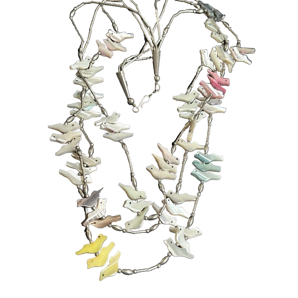 Vintage Fetish Mother of Pearl Birds 3 Strand Necklace Heishi Necklace Zuni Art